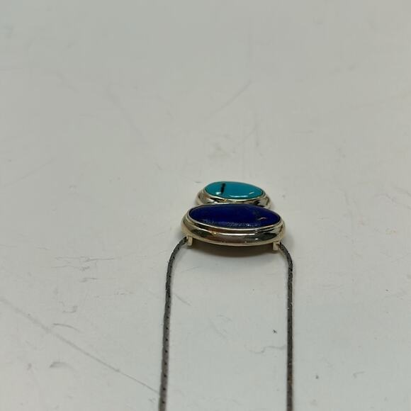 Vintage Oval Shape Turquoise & Lapis 925 Sterling Silver Necklace Size 3/4 inch - Picture 10 of 11